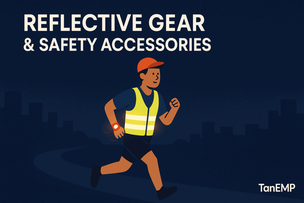 Flat-style runner at night wearing reflective vest and clip-on lights glowing under streetlights for visibility and safety.