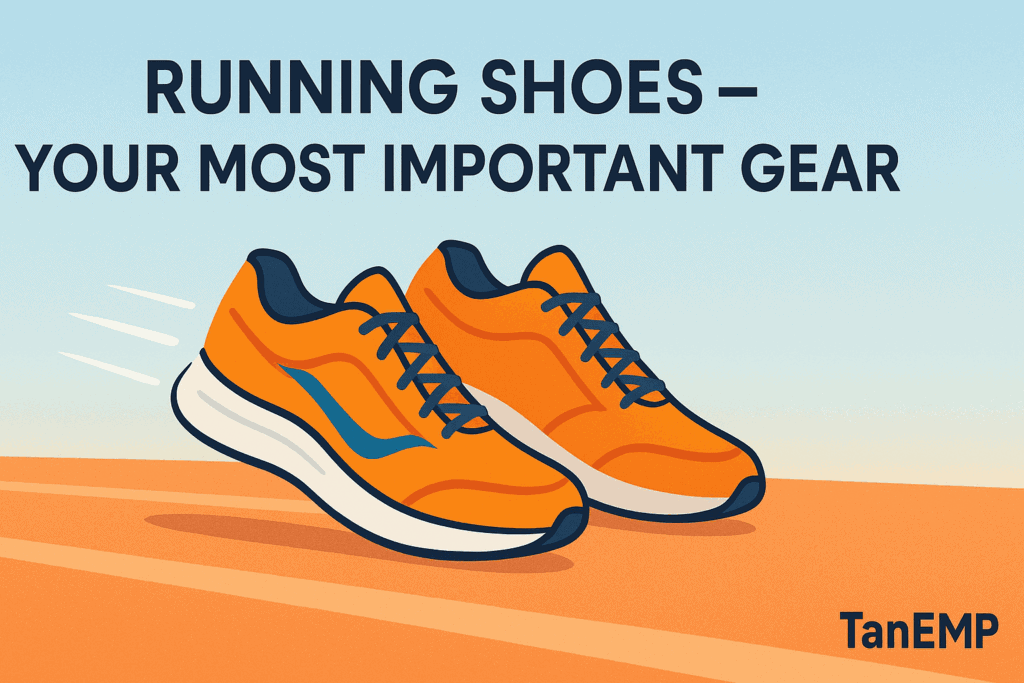 Flat-style illustration of bright running shoes on a track path showing speed and comfort for beginner runners.