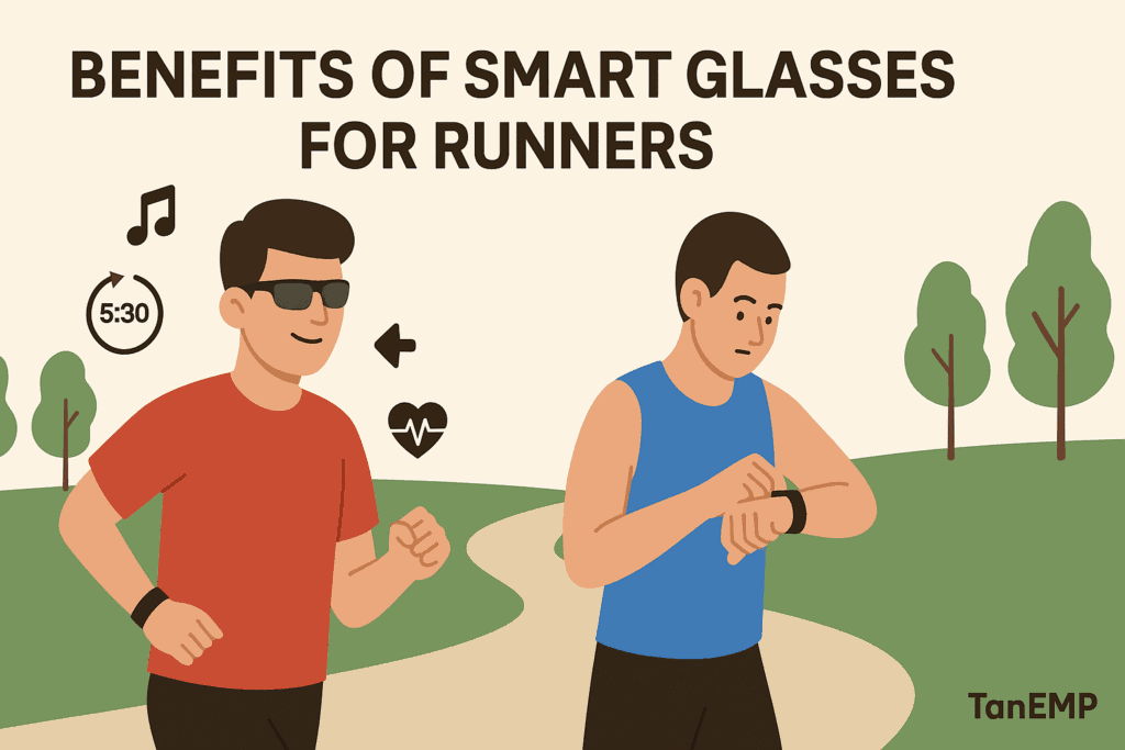 Flat-style side-by-side illustration comparing a relaxed runner with smart glasses and a distracted runner checking a watch. Text reads ‘Benefits of Smart Glasses for Runners’ with TanEMP in the corner.