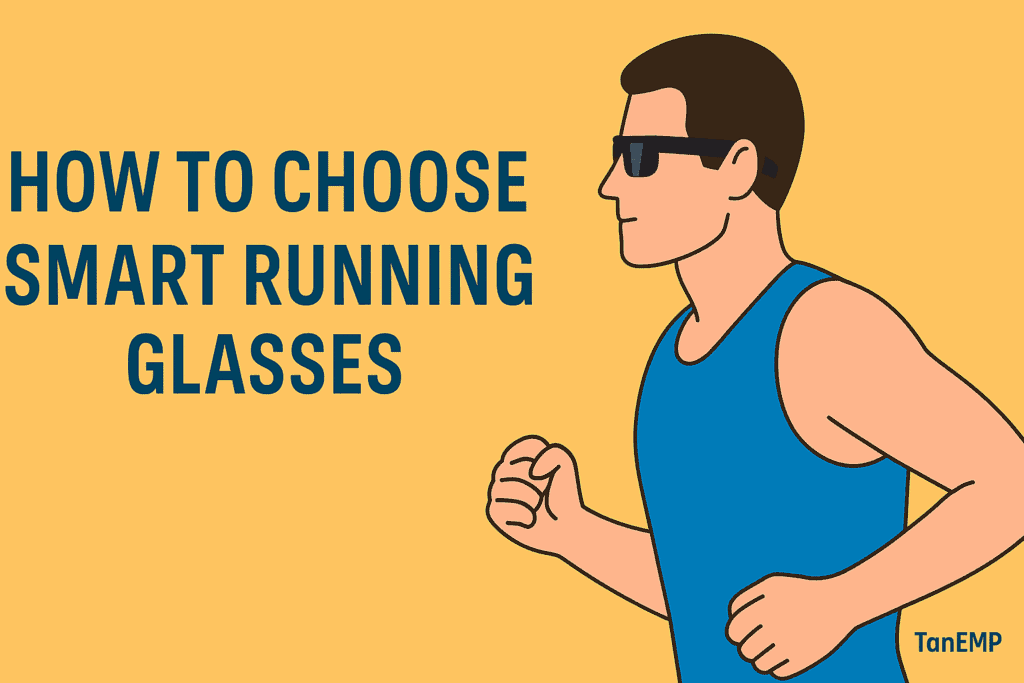 Flat-style split-screen illustration of a runner adjusting smart glasses with icons for battery, fit, and comfort. Text reads ‘How to Choose the Right Smart Glasses’ and TanEMP in the bottom corner.
