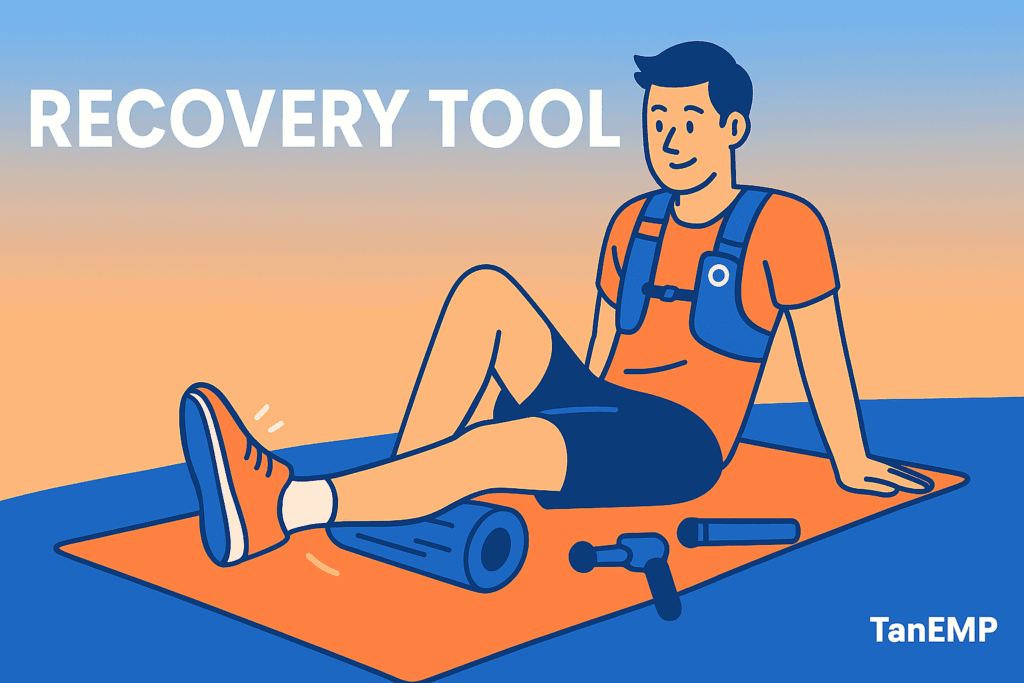 Flat-style recovery setup with foam roller, massage gun, compression boots, and massage ball for post-run recovery.