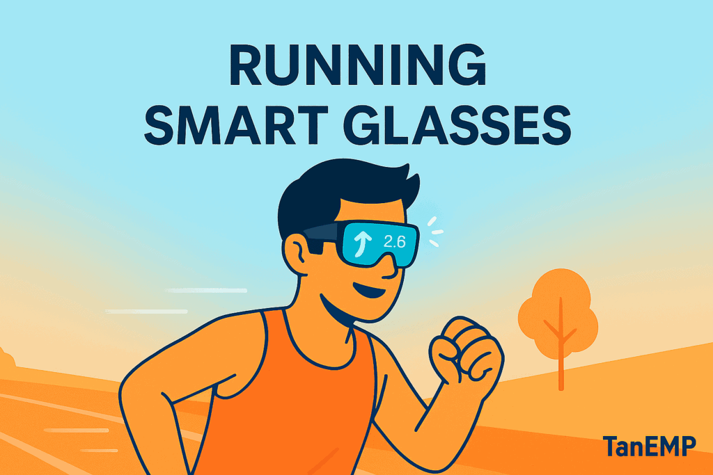 Flat-style runner wearing futuristic smart glasses with neon blue HUD display showing pace, distance, and navigation.