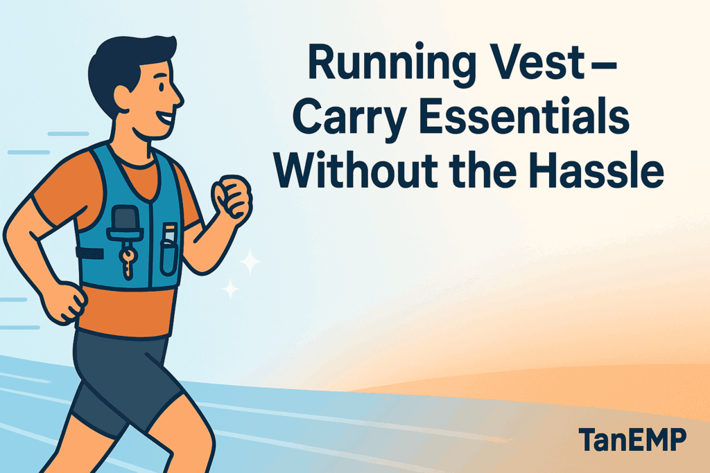 Flat-style runner jogging with a slim teal running vest holding essentials like phone and water bottle.