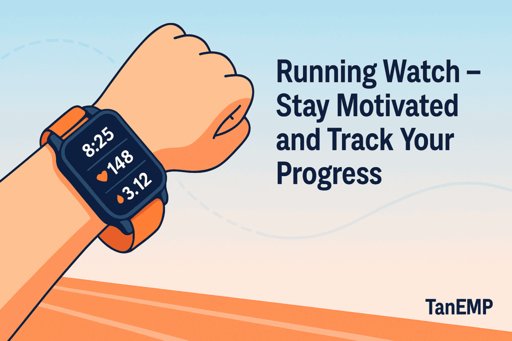 Flat-style close-up of a runner’s wrist wearing a smart running watch tracking pace, heart rate, and distance.